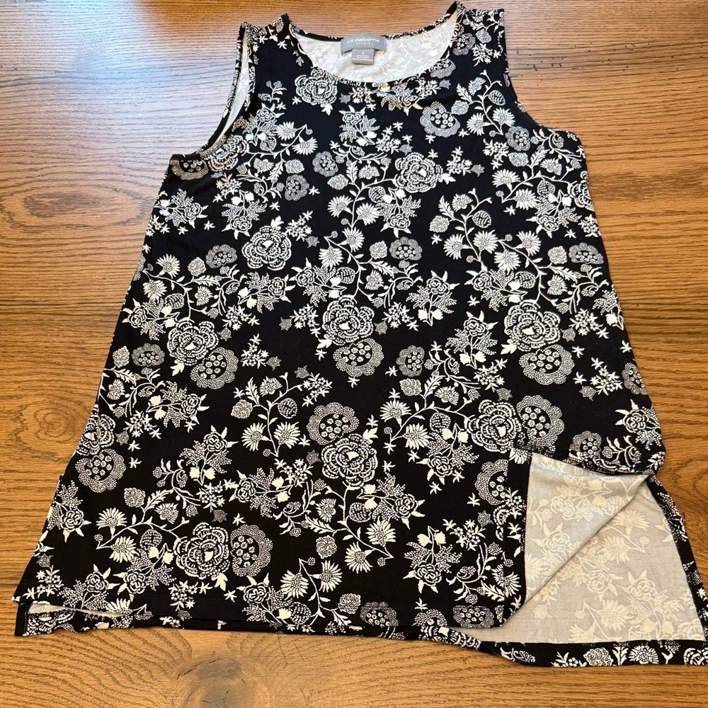 Liz Claiborne Sleeveless Stretch Tank Top Tunic Blouse • Black & White • S